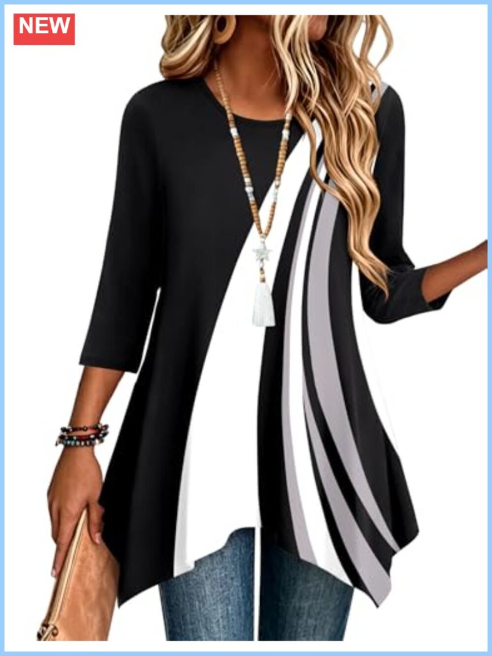 3/4 Sleeve Loose Fit Dressy Tunic Top Plus Size Boho Stretch